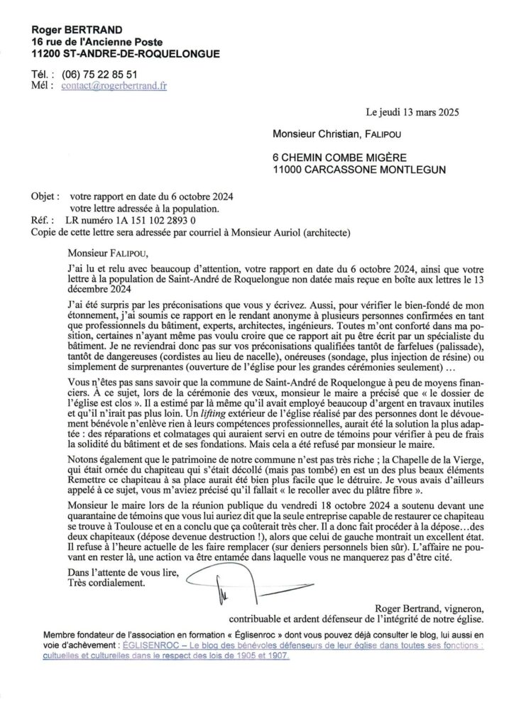 Lettre de Roger BRETRAND à Christian FALIPOU avec demande explications sur ses préconisations.