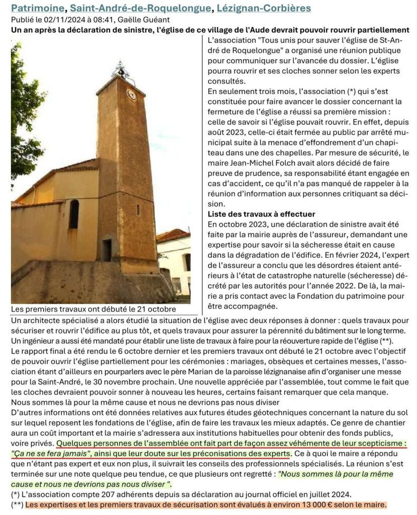 Presse locale : La seconde réunion d'information "pour sauver l'église"... dirigée en fait par la mairie.