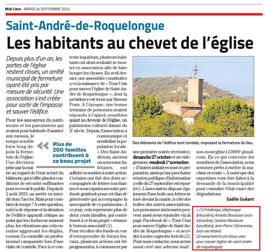 Presse locale Midilibre 25 sept 2024 infos église : un bon départ !